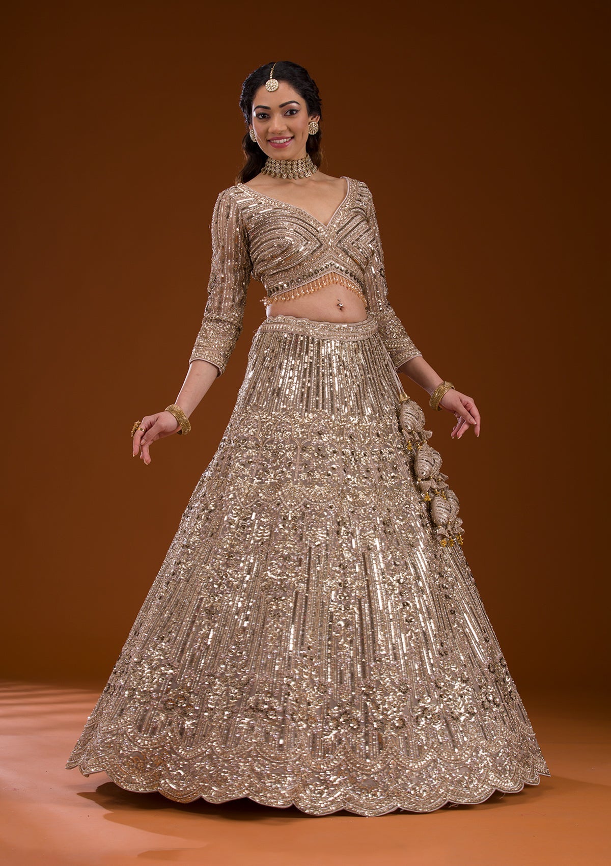 Beige Sequins Net Readymade Lehenga-Koskii