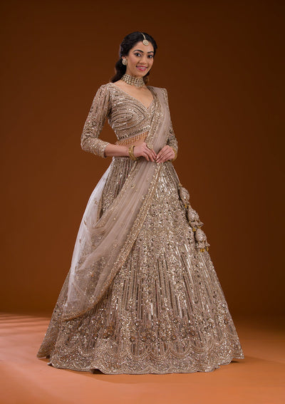 Beige Sequins Net Readymade Lehenga-Koskii