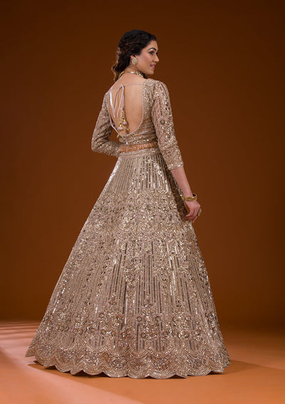 Beige Sequins Net Readymade Lehenga-Koskii