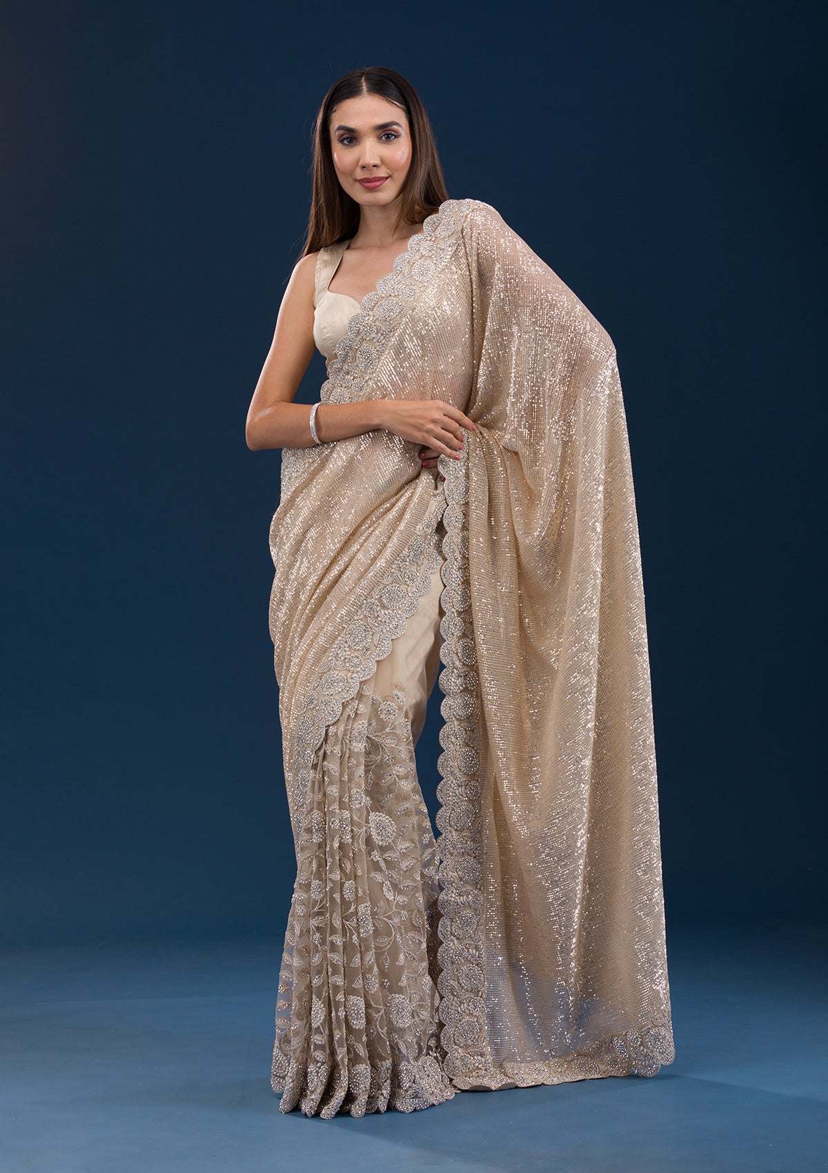 Beige Sequins Net Saree-Koskii