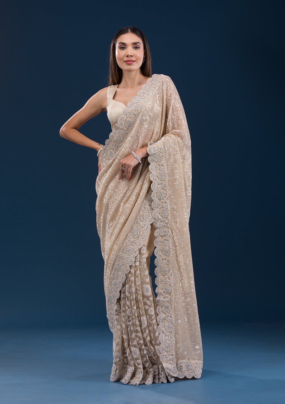 Beige Sequins Net Saree-Koskii