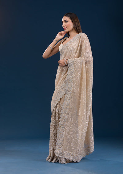 Beige Sequins Net Saree-Koskii