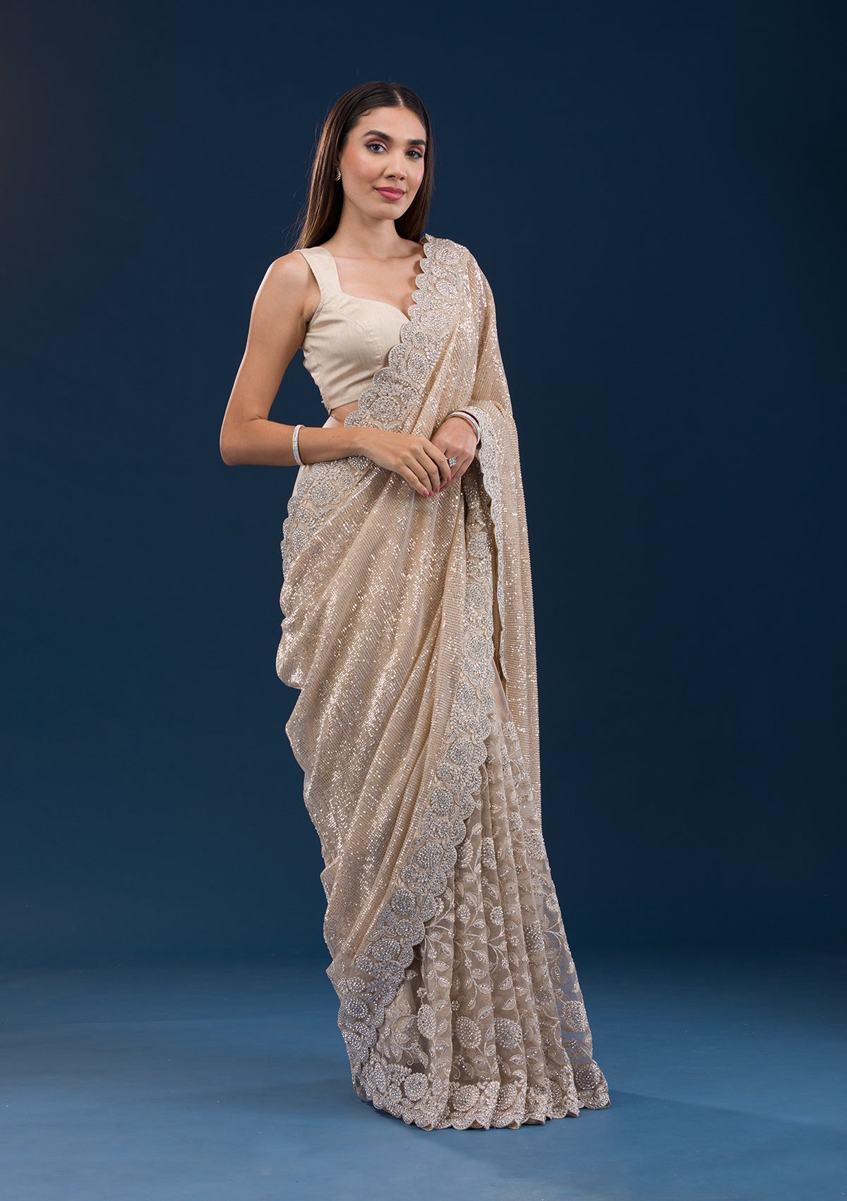 Beige Sequins Net Saree-Koskii