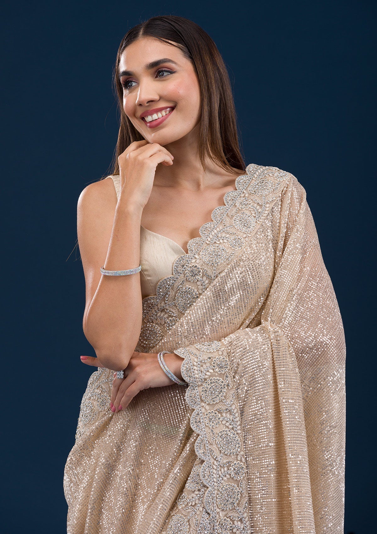 Beige Sequins Net Saree-Koskii