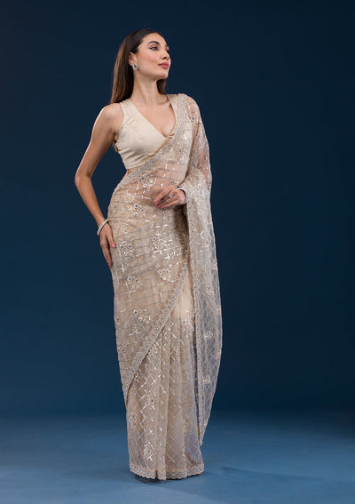 Beige Sequins Net Saree-Koskii