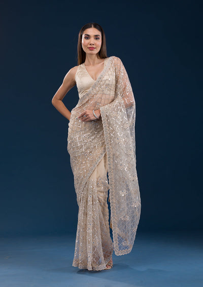 Beige Sequins Net Saree-Koskii