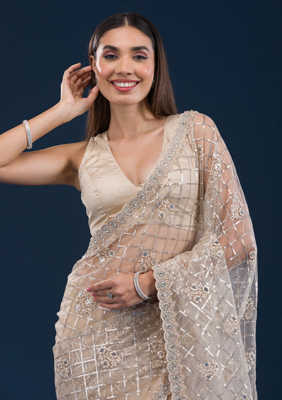 Beige Sequins Net Saree-Koskii