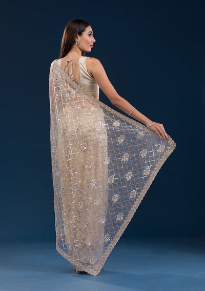 Beige Sequins Net Saree-Koskii