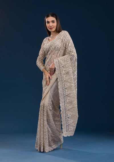 Beige Sequins Net Saree-Koskii