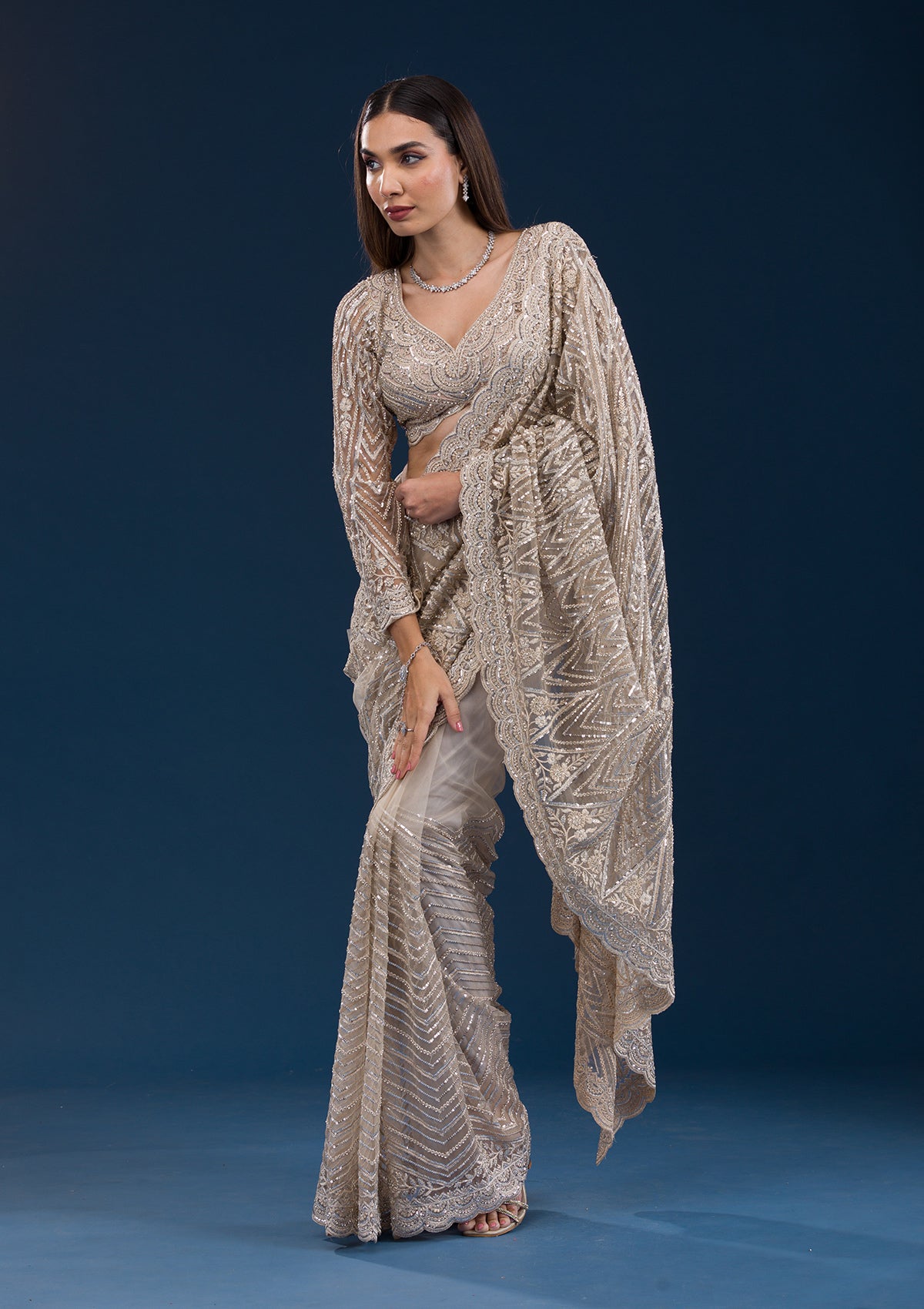 Beige Sequins Net Saree-Koskii