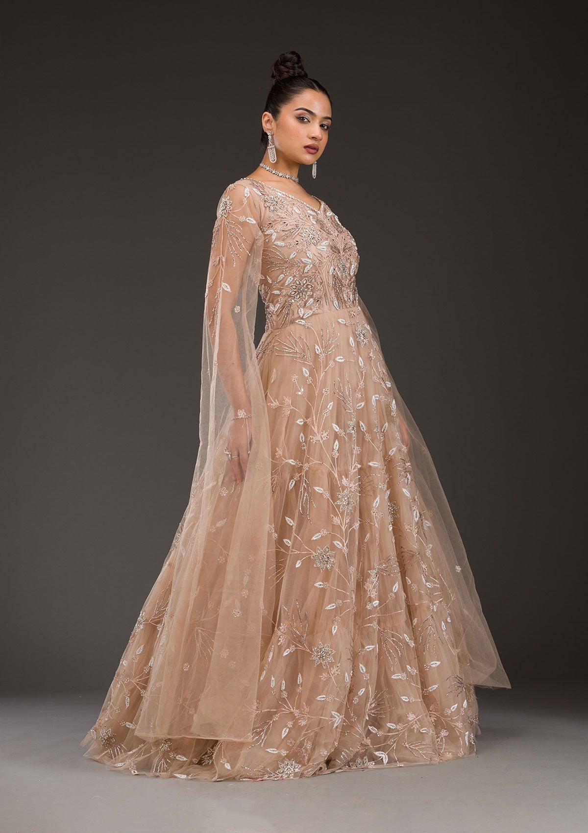 Beige Silver Stonework Net Gown-Koskii