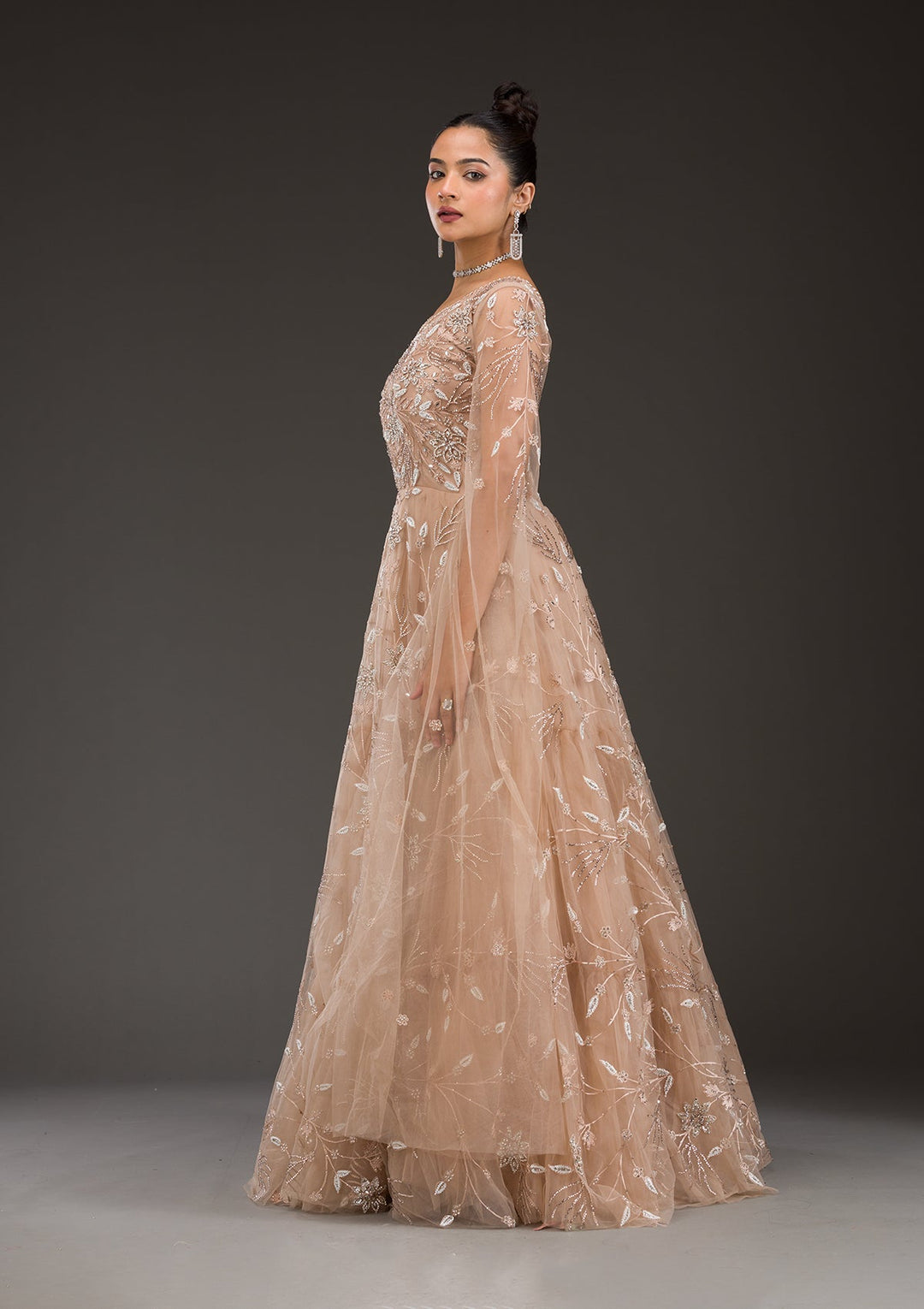 Buy Beige Silver Stonework Net Gown - Koskii Buy Beige Silver Stonework Net Gown - Koskii