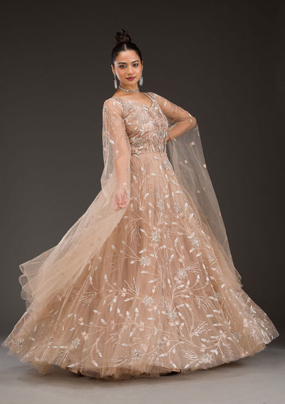 Beige Silver Stonework Net Gown-Koskii