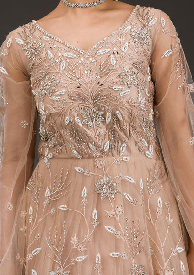 Beige Silver Stonework Net Gown-Koskii