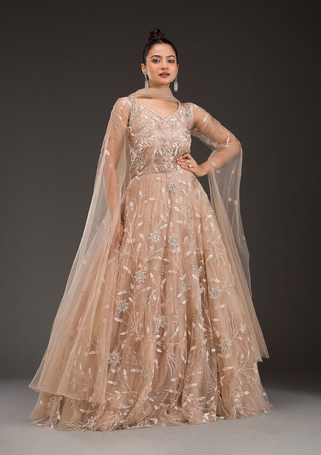 Buy Beige Silver Stonework Net Gown - Koskii Buy Beige Silver Stonework Net Gown - Koskii