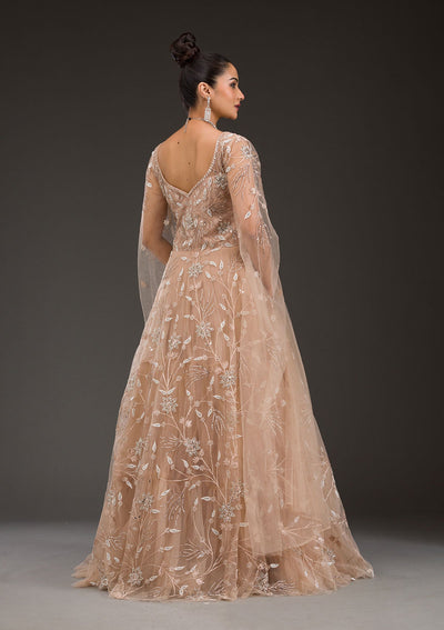 Beige Silver Stonework Net Gown-Koskii