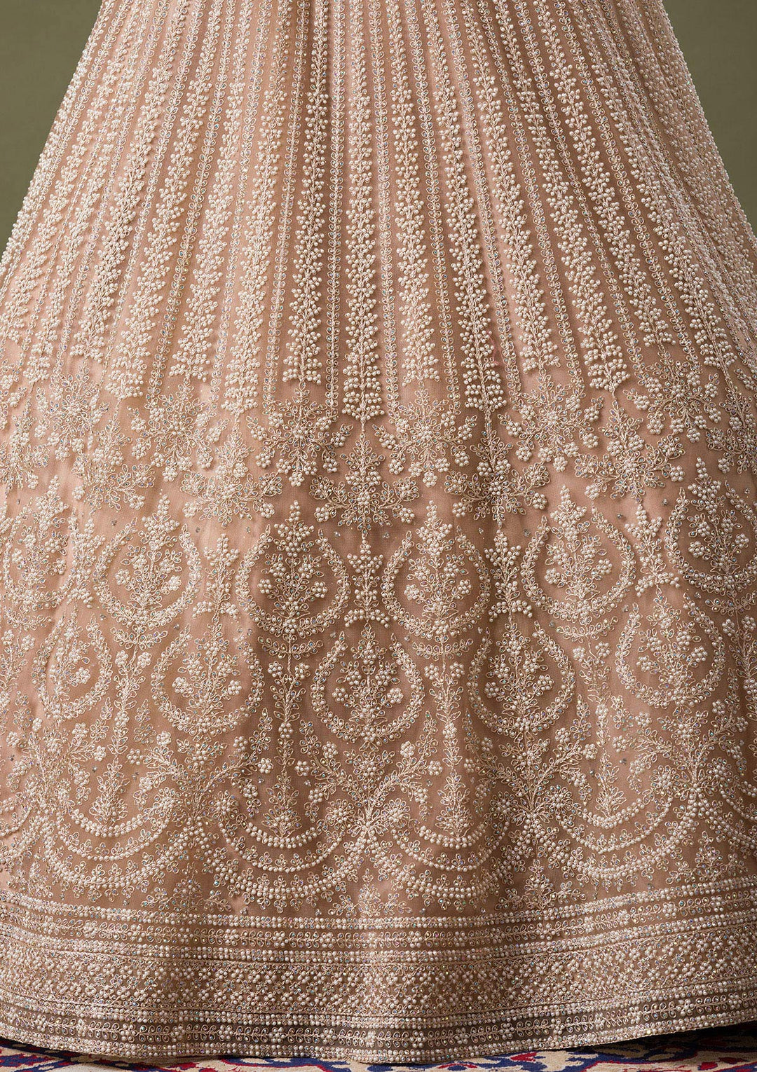 Beige Silver Stonework Net Readymade Lehenga-Koskii
