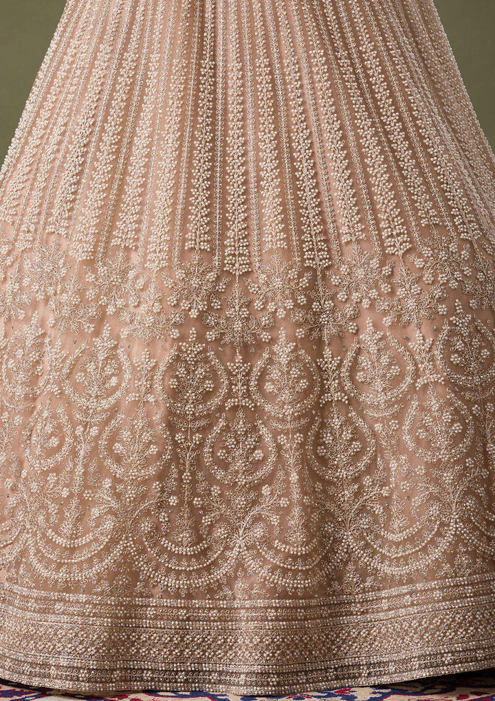 Beige Silver Stonework Net Readymade Lehenga-Koskii