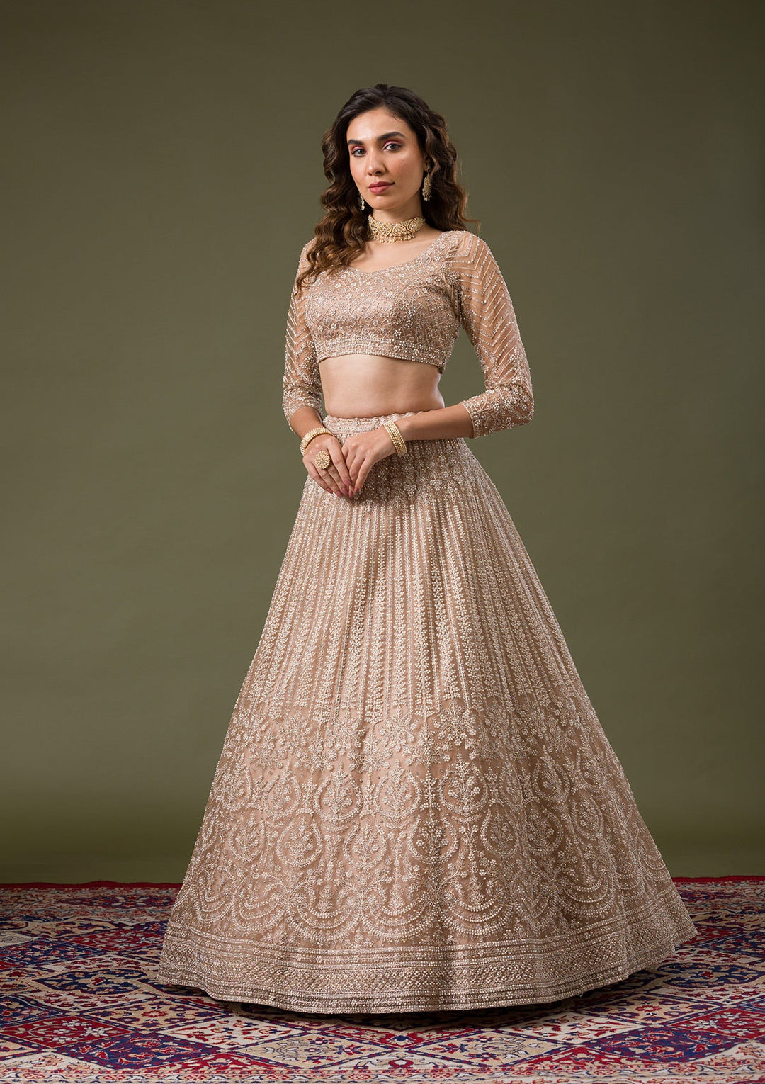 Beige Silver Stonework Net Readymade Lehenga-Koskii
