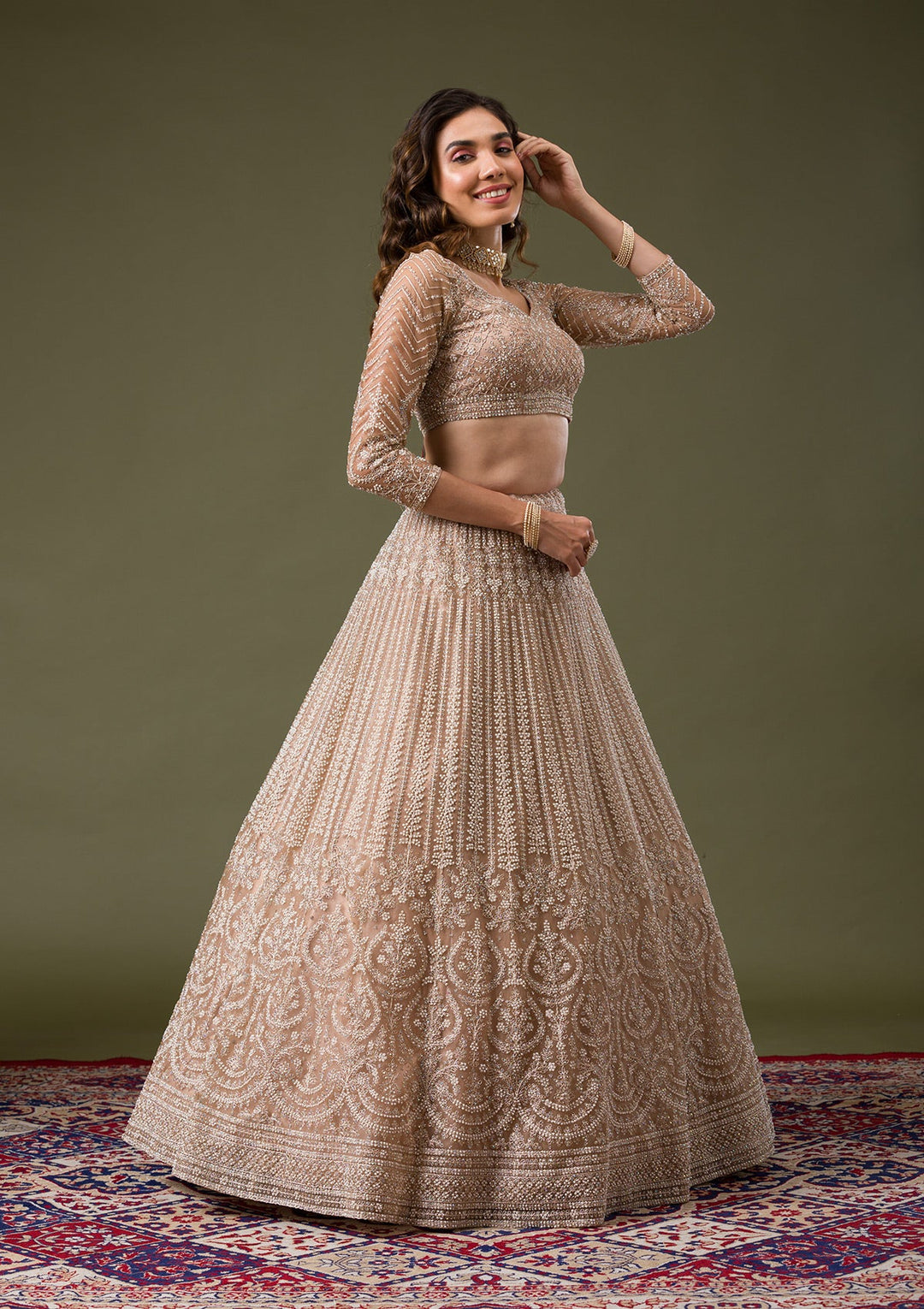 Beige Silver Stonework Net Readymade Lehenga-Koskii
