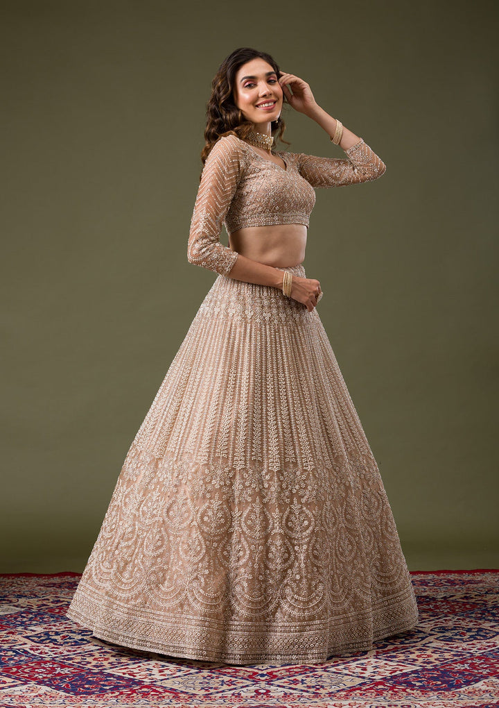Beige Silver Stonework Net Readymade Lehenga-Koskii