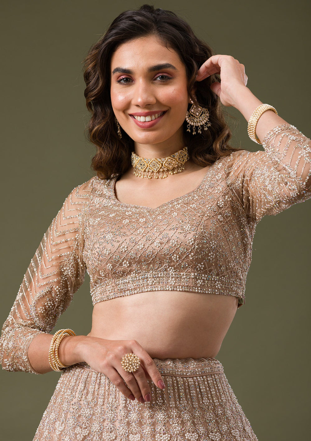 Beige Silver Stonework Net Readymade Lehenga-Koskii