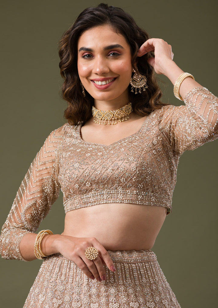 Beige Silver Stonework Net Readymade Lehenga-Koskii
