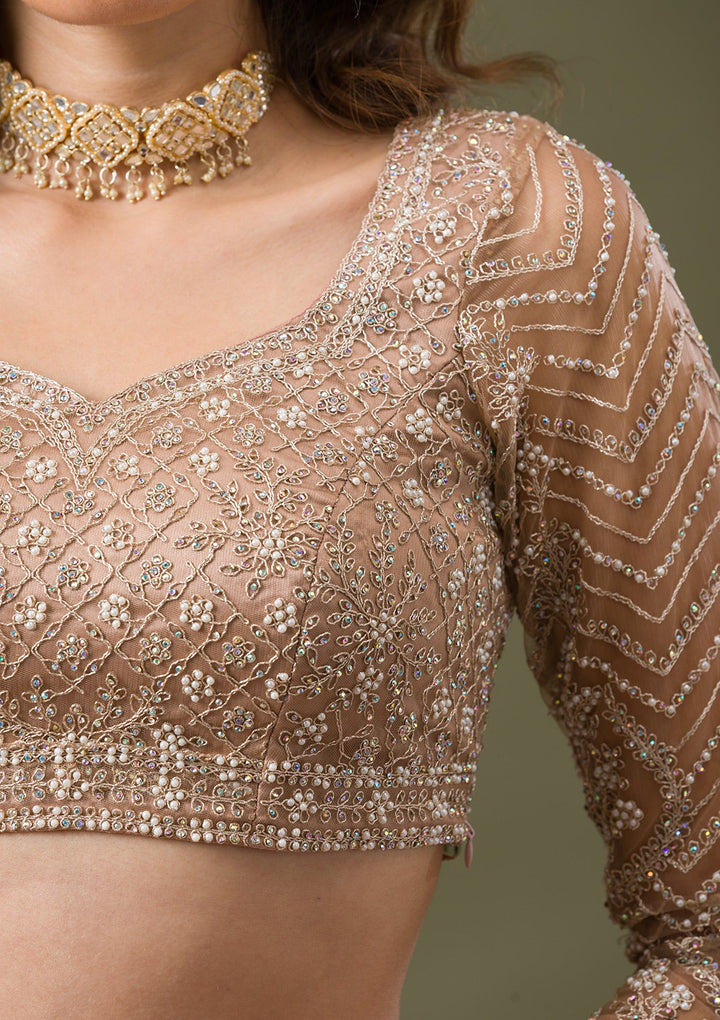 Beige Silver Stonework Net Readymade Lehenga-Koskii