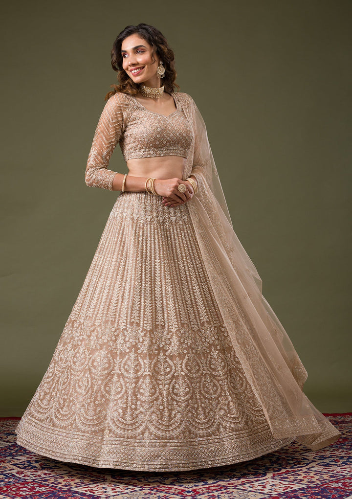Beige Silver Stonework Net Readymade Lehenga-Koskii
