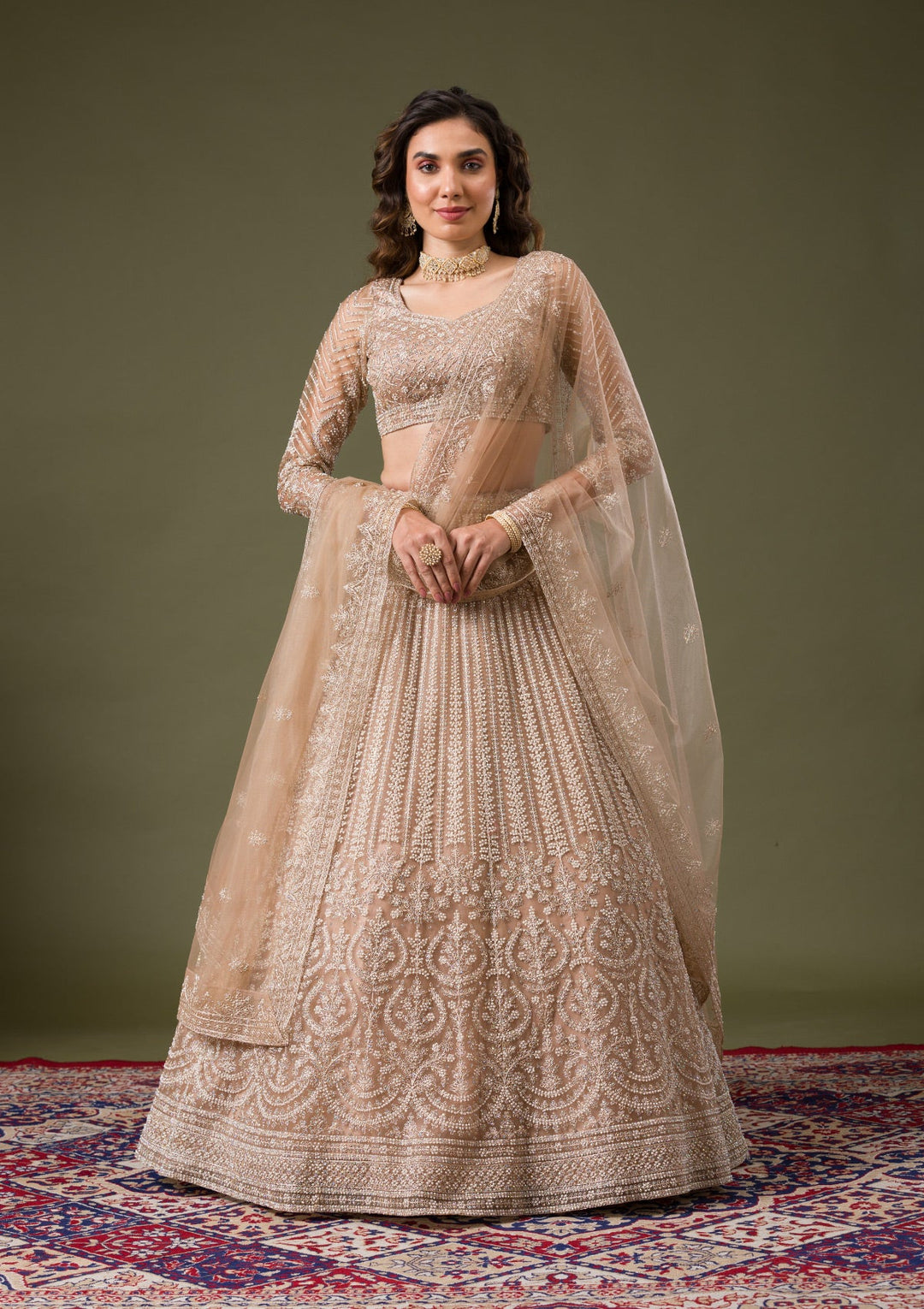 Beige Silver Stonework Net Readymade Lehenga-Koskii