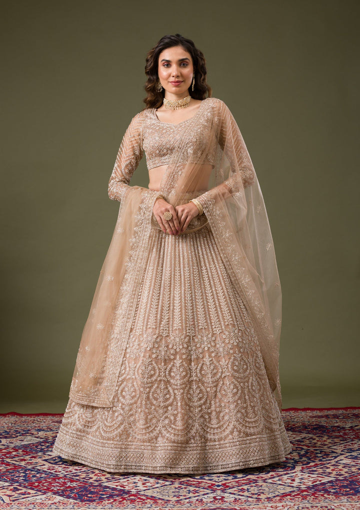 Beige Silver Stonework Net Readymade Lehenga-Koskii