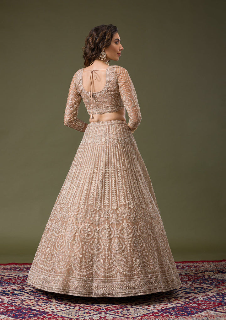 Beige Silver Stonework Net Readymade Lehenga-Koskii