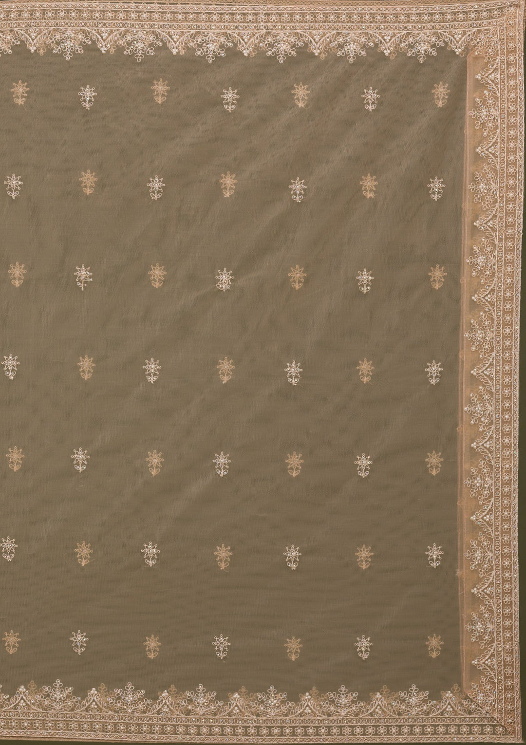 Beige Silver Stonework Net Readymade Lehenga-Koskii