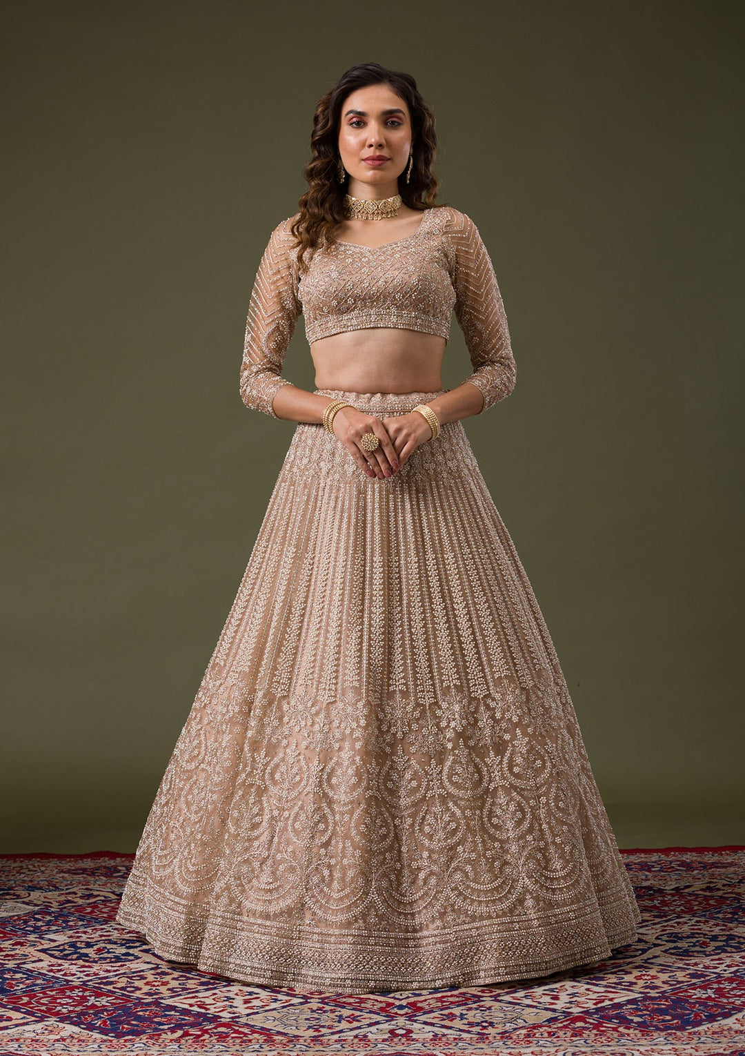 Beige Silver Stonework Net Readymade Lehenga-Koskii