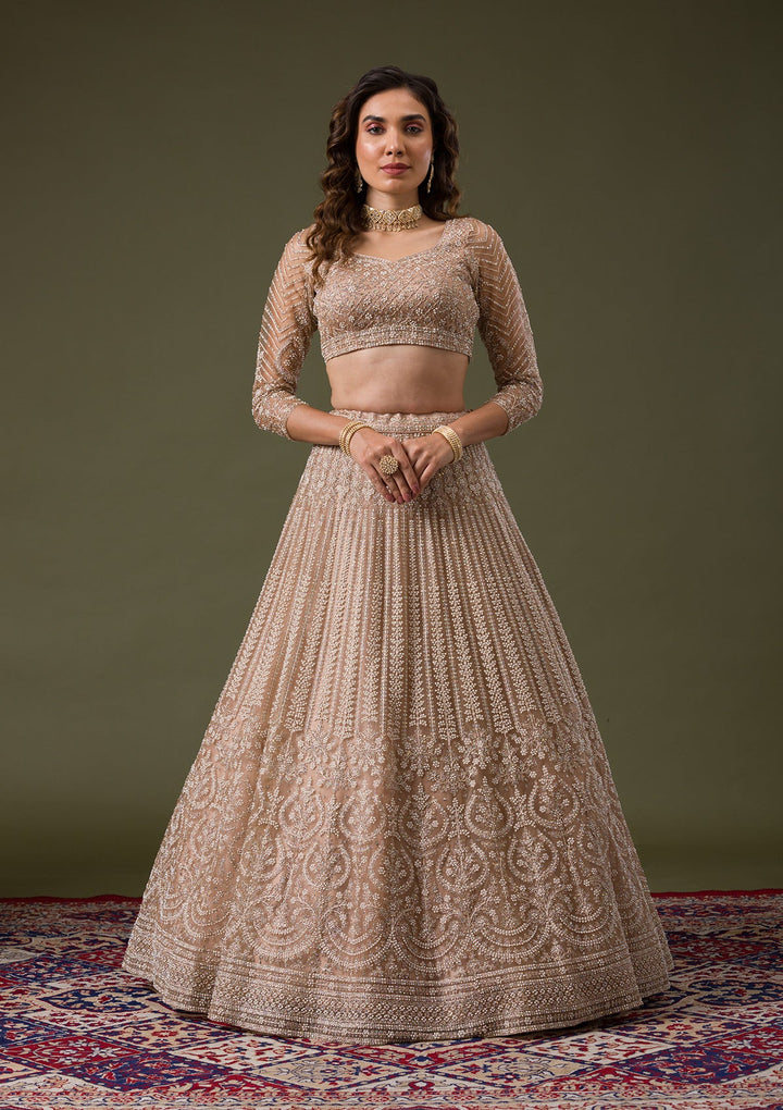 Beige Silver Stonework Net Readymade Lehenga-Koskii