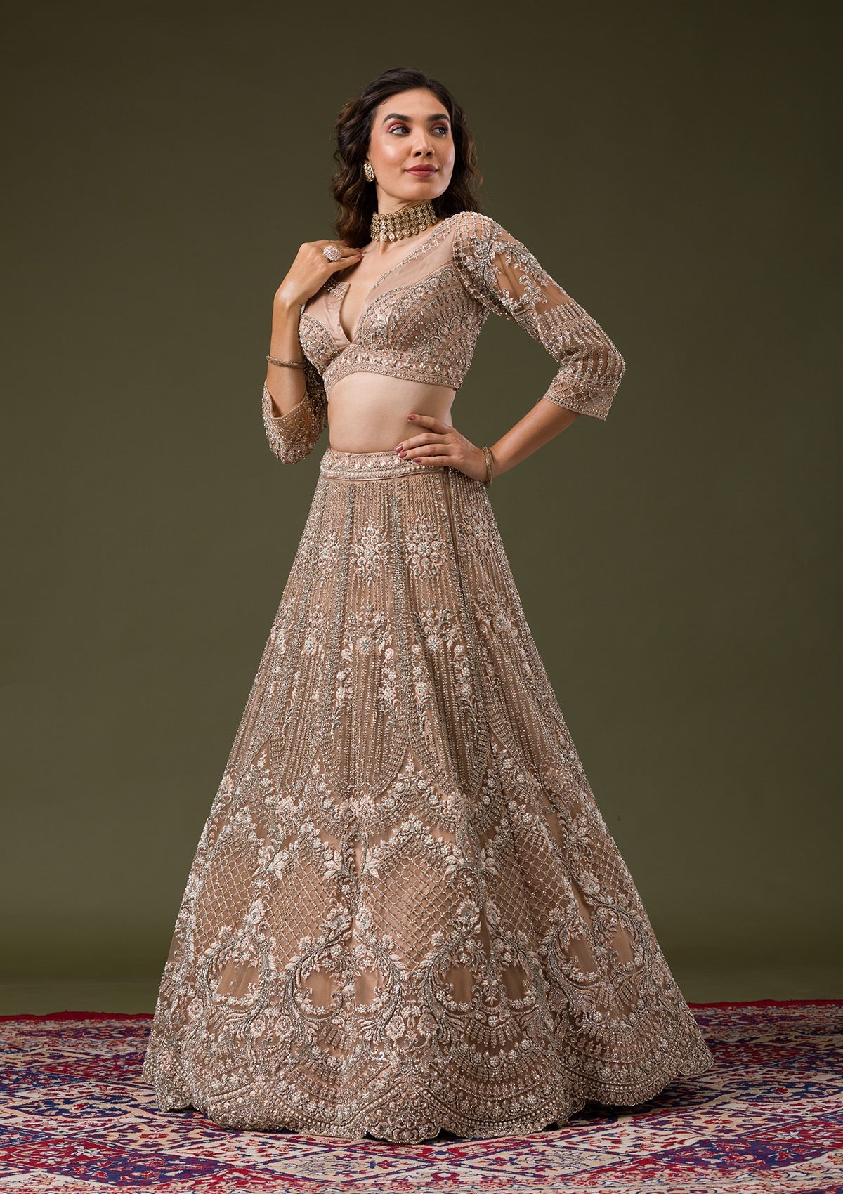 Beige Silver Stonework Net Readymade Lehenga-Koskii