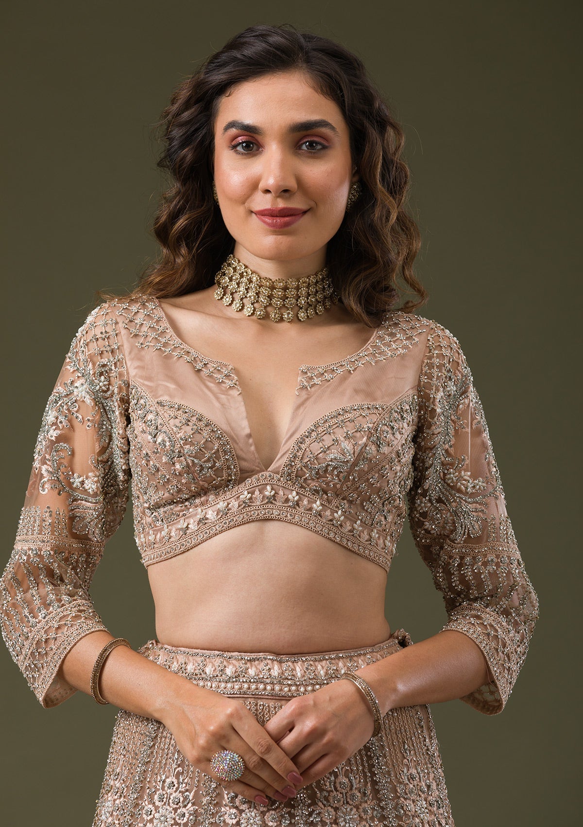 Beige Silver Stonework Net Readymade Lehenga-Koskii