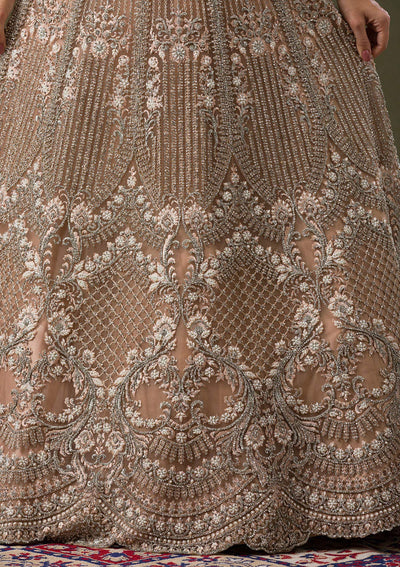 Beige Silver Stonework Net Readymade Lehenga-Koskii