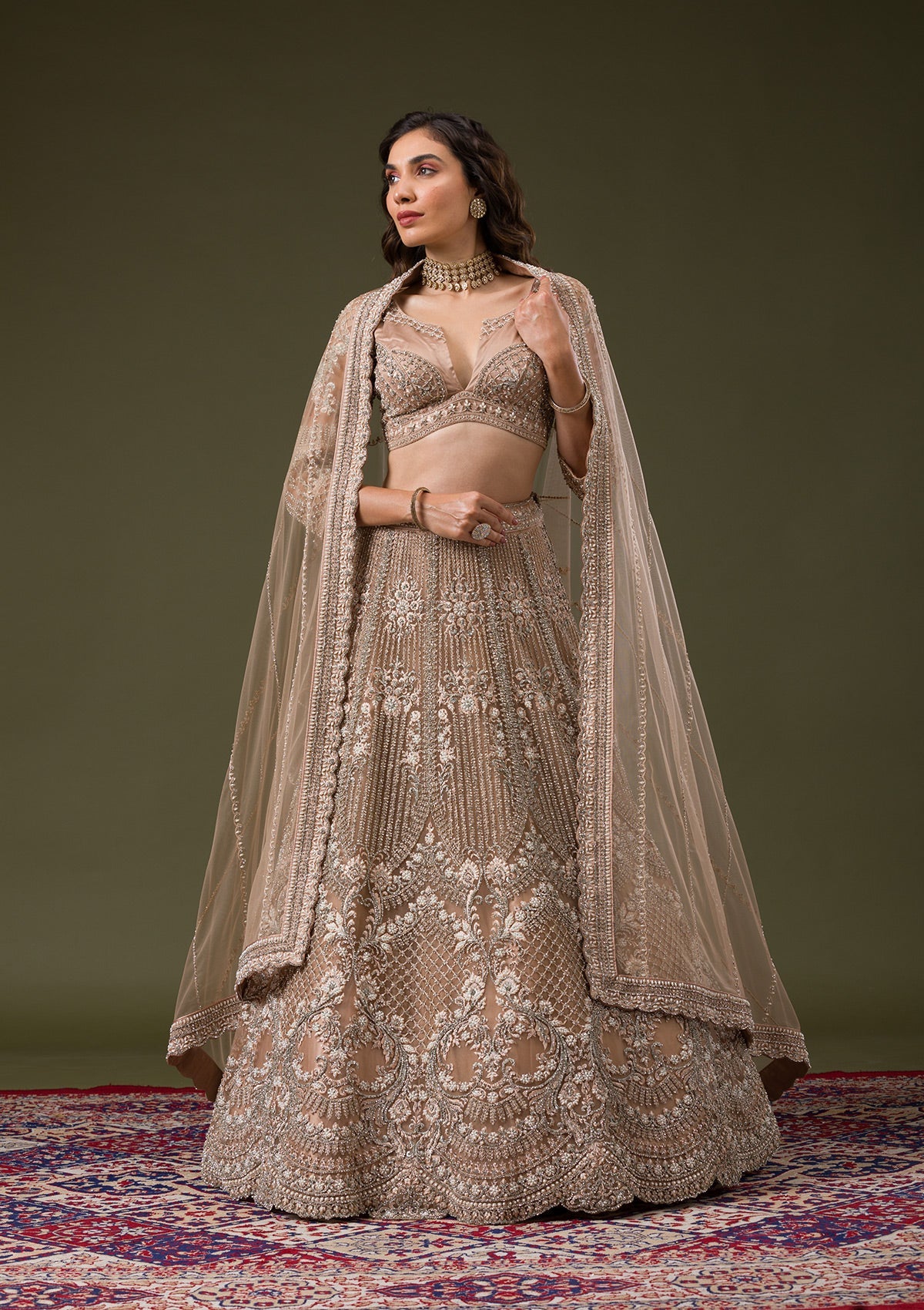 Beige Silver Stonework Net Readymade Lehenga-Koskii