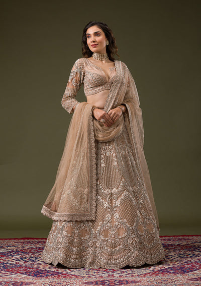 Beige Silver Stonework Net Readymade Lehenga-Koskii