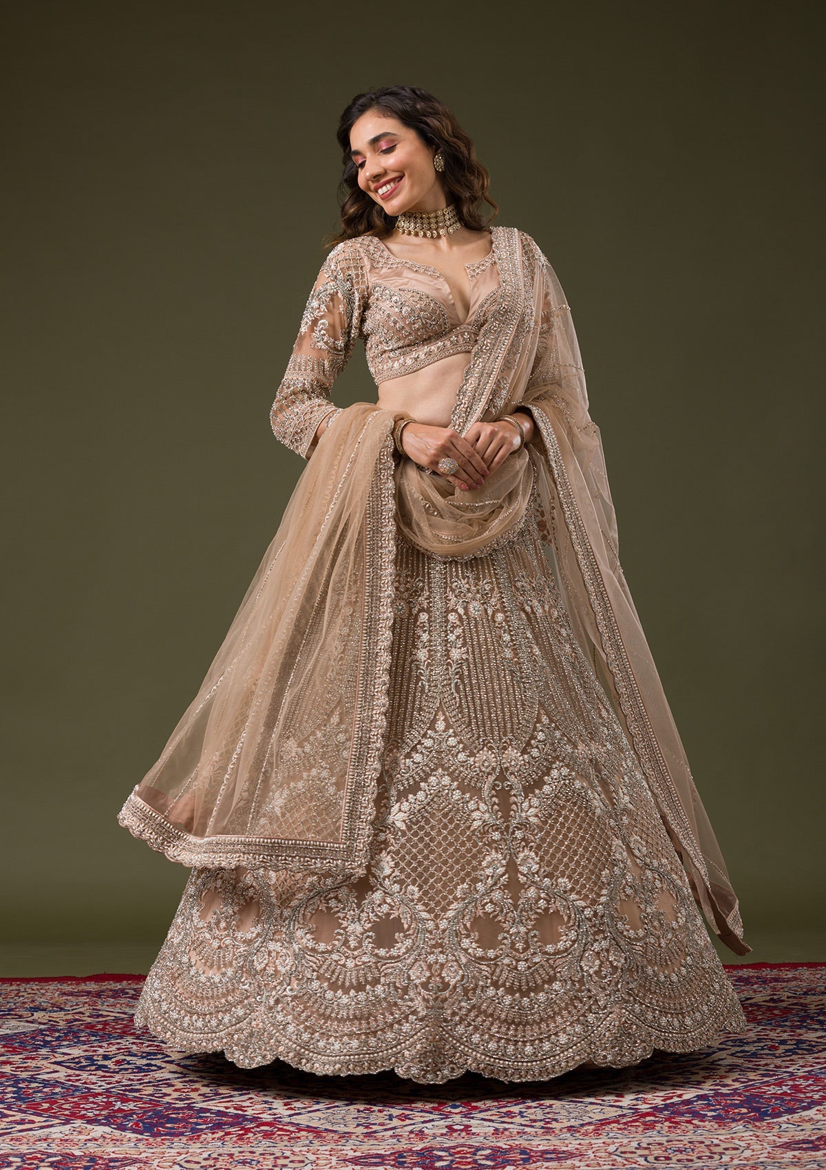 Beige Silver Stonework Net Readymade Lehenga-Koskii