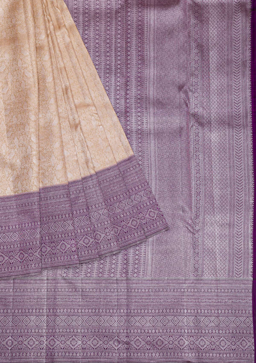Beige Silver Zariwork Pure Silk Saree-Koskii