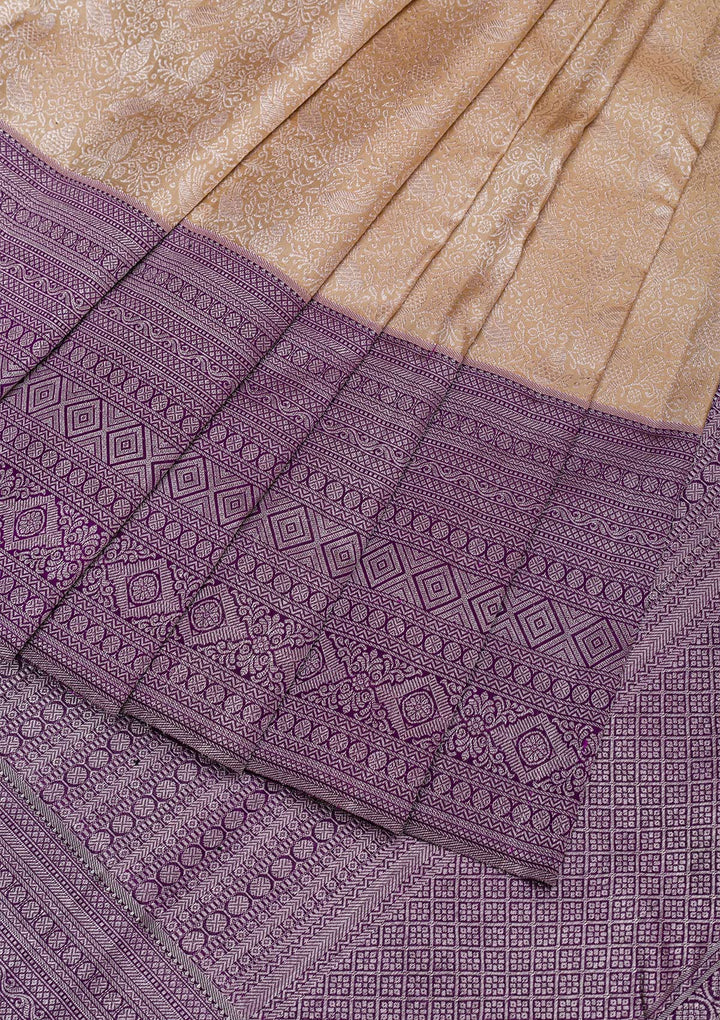 Beige Silver Zariwork Pure Silk Saree-Koskii