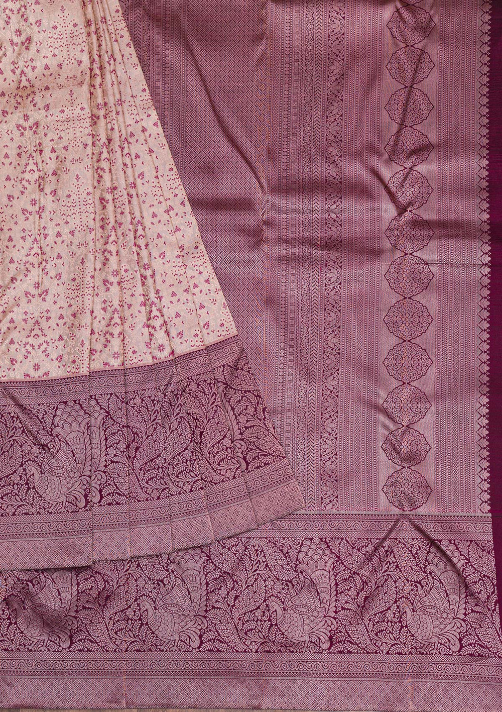 Beige Silver Zariwork Pure Silk Saree-Koskii