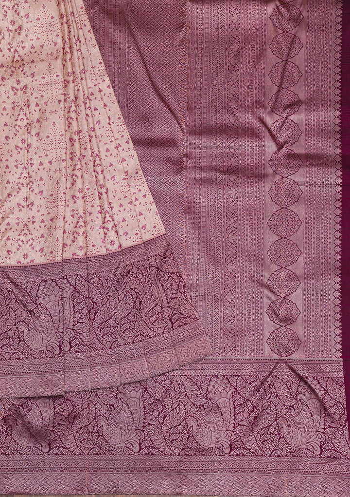 Beige Silver Zariwork Pure Silk Saree-Koskii