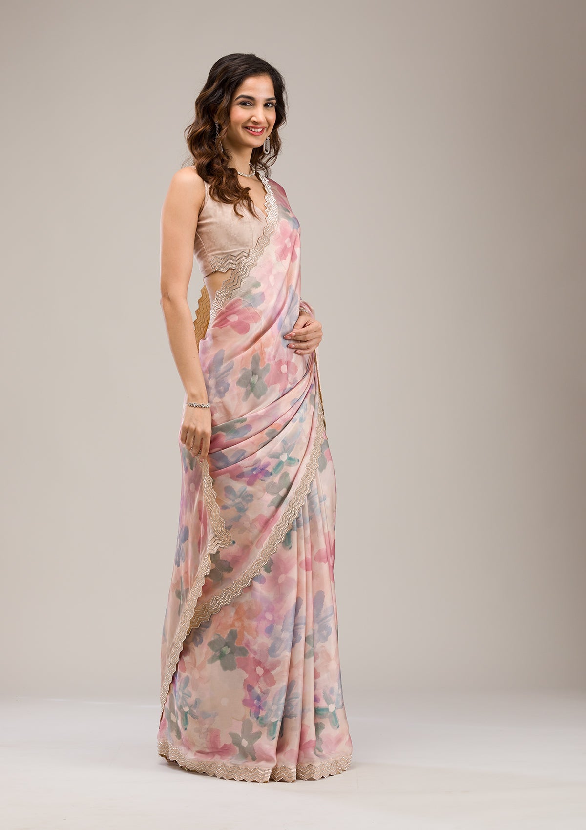 Beige Stonework Georgette Saree-Koskii