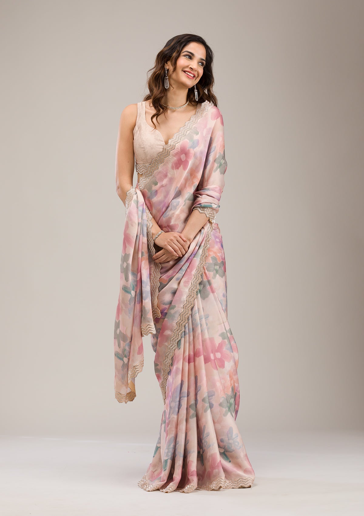 Beige Stonework Georgette Saree-Koskii