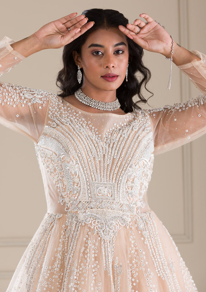 Beige Stonework Net Gown-Koskii