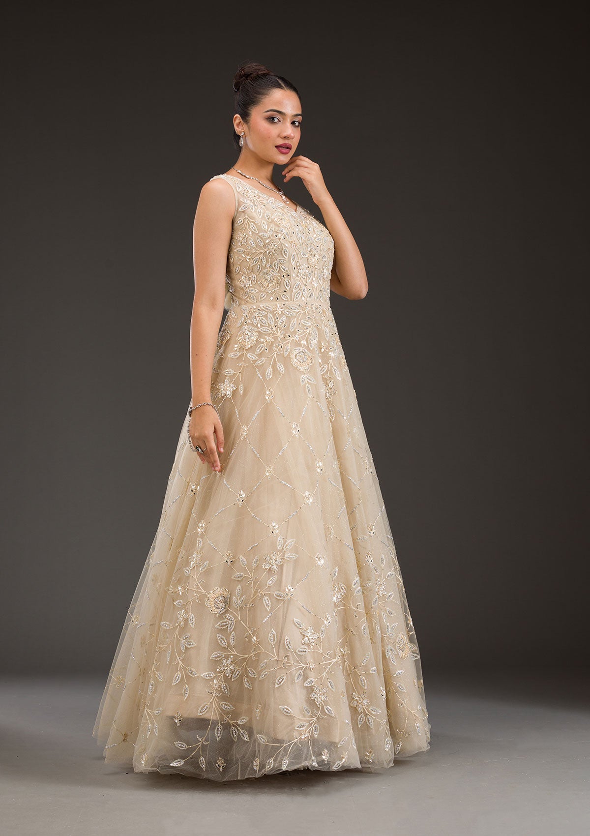 Beige Stonework Net Gown-Koskii