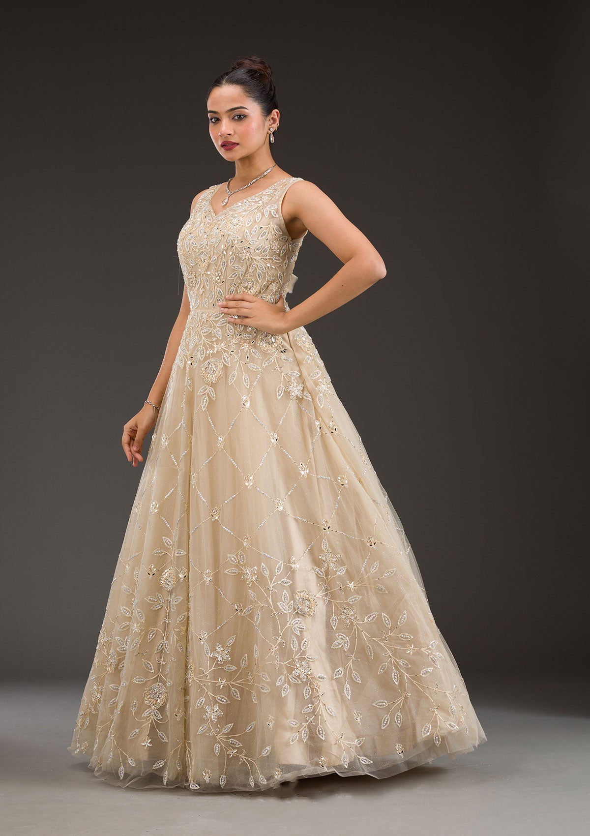 Beige Stonework Net Gown-Koskii